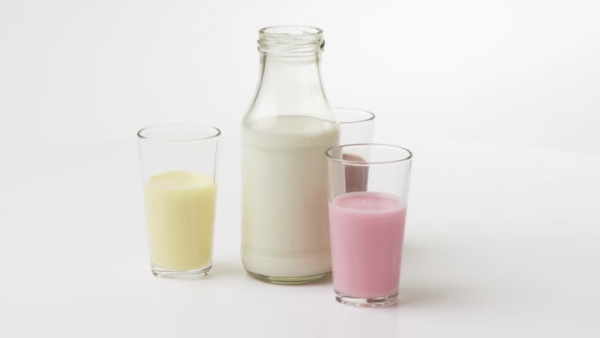 Strawberry milk, chocolate milk, vanilla milk and milk