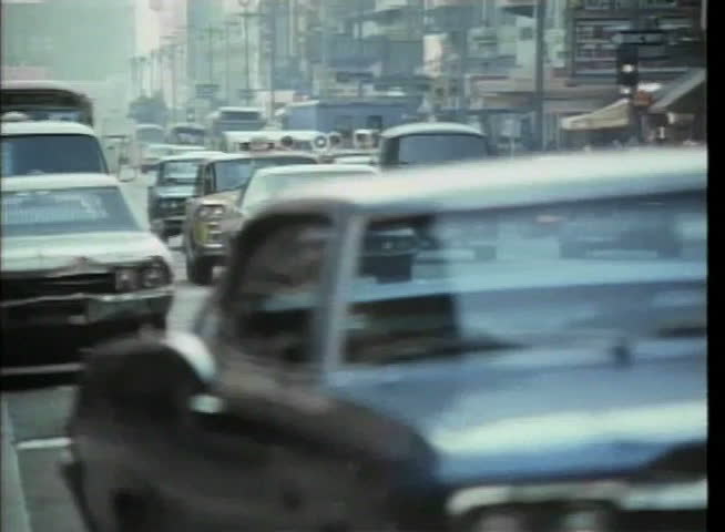 Wide shot of traffic in New York City, 1970s