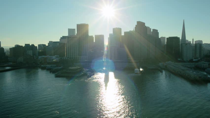 Aerial low angle view of Fishermans Wharf port area and city of San Francisco, North America, USA