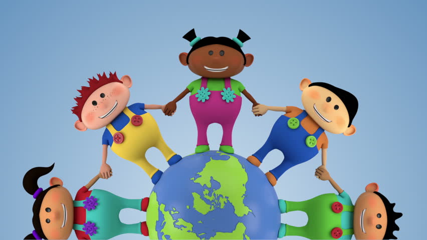 cute multi-ethnic kids holding hands around spinning globe - closer version - high quality 3d animation - loopable
