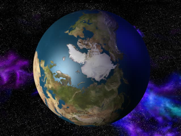 Computer-generated 3D animation loop depicting the spinning Earth (Arctic view)