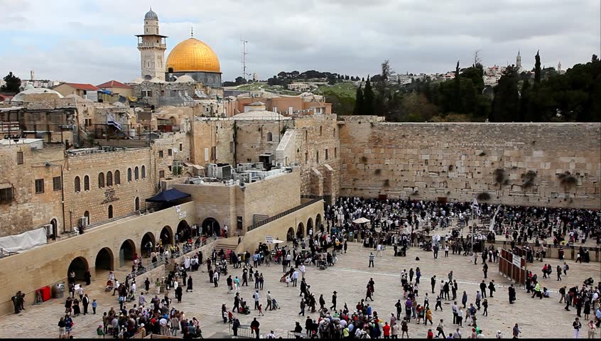 View on the Wailing Wall, orthodox religious Jews and tourists during the Jewish Pesach (Passover) celebration on April 12, 2012 in Jerusalem, Israel. 
