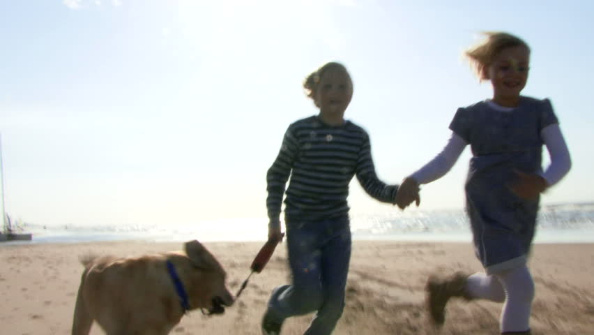 WIDE SHOT, Handheld, Children running hand in hand on beach with dog