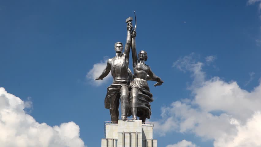 MOSCOW - JUN 10: Monument to worker and collective farmer stands against blue sky on which white clouds float, on Jun 10, 2011 in Moscow, Russia. Solemn opening of monument - December 4, 2009