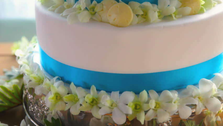 Close up of a three layer wedding cake