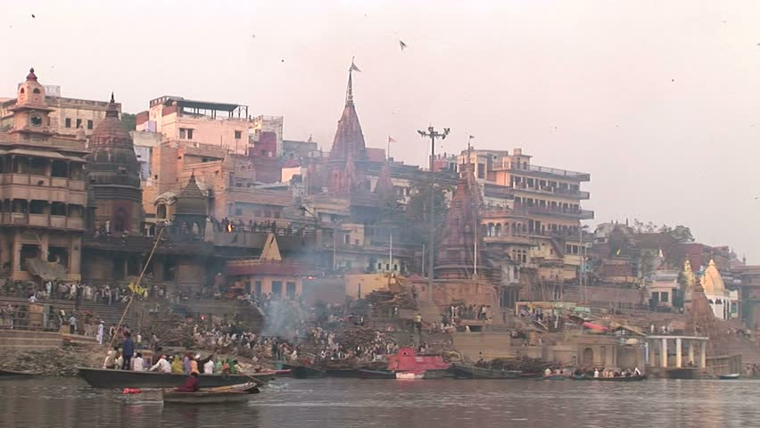 Funeral ghat on Ganges with many fires and funeral pyres burning.Circa November, 2008, Veranasi, India