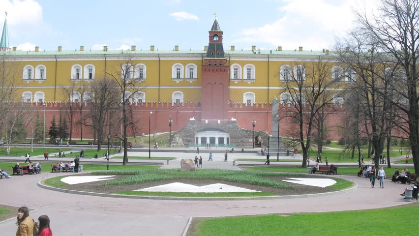 MOSCOW - APR 24: (Timelapse View) People walk near Kremlin Grotto, on April 24, 2012 in Moscow, Russia. Monument of landscape gardening art of beginning of XIX century 

