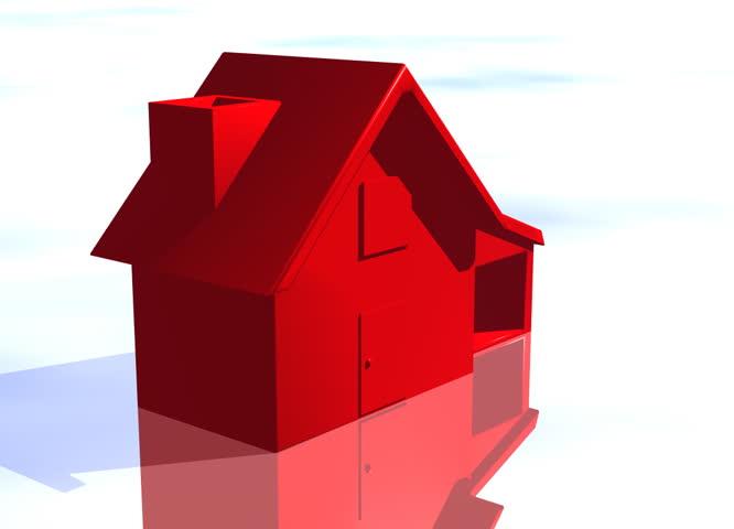Red House Model Spinning on Blue-Sky Background with Reflection Concept Housing Market Danger and Risks HD NTSC