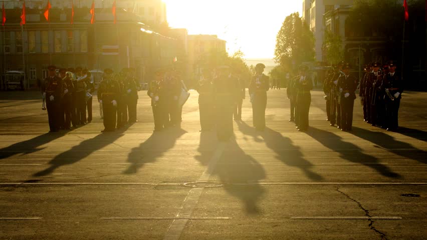 Military wind band takes part in military parade in Samara, time lapse