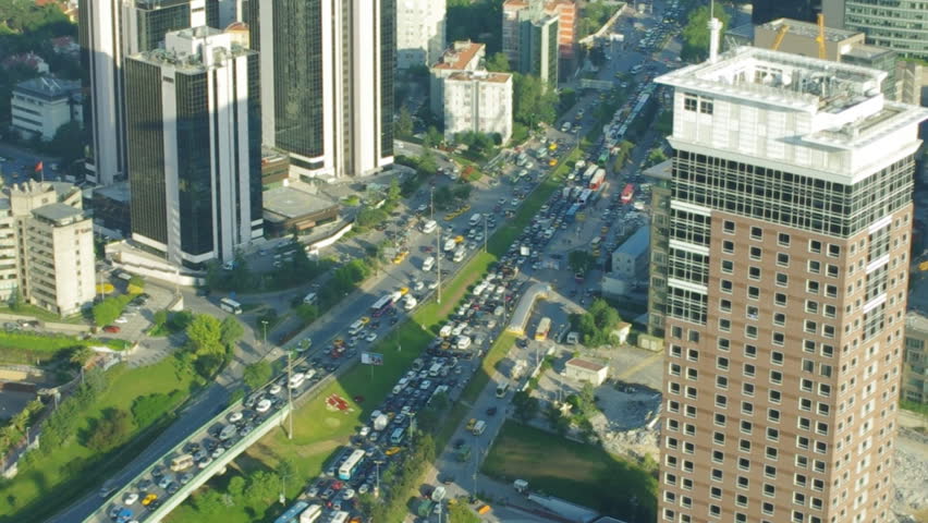 View to the freeway with zooming on traffic jam, Istanbul, Turkey.