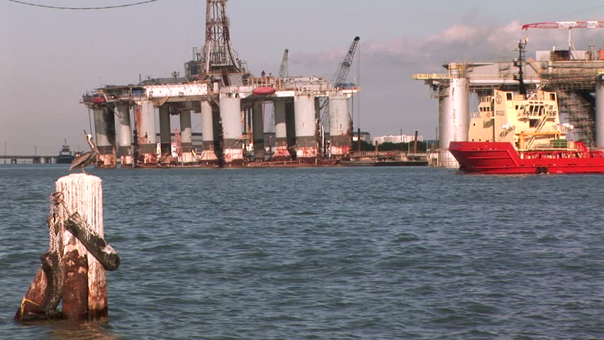 A pelican watching a crew boat cruising past drilling platforms.