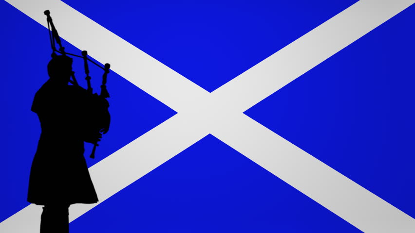 bag piper in kilt silhouette with rippling Scottish flag animation