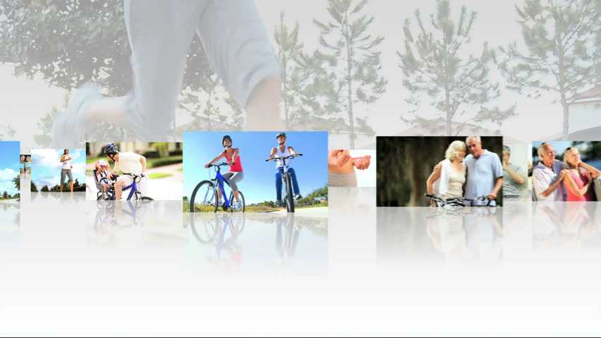 Montage 3D tablet images of seniors and families enjoying a healthy lifestyle with indoor and outdoor sport and exercise