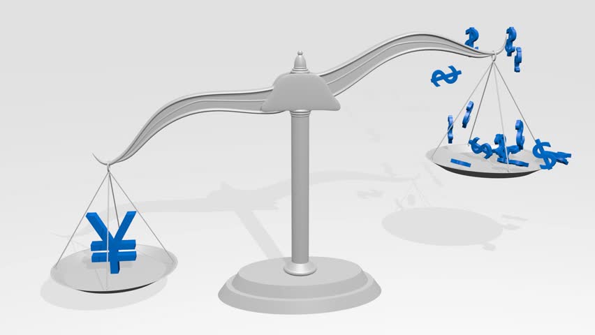 Strong JPY against a lot of EUR-Signs on scale as a 3D rendered animation