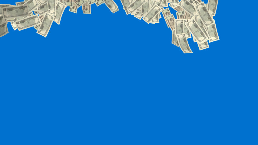 Money falling on blue background. Finance 3d animation.