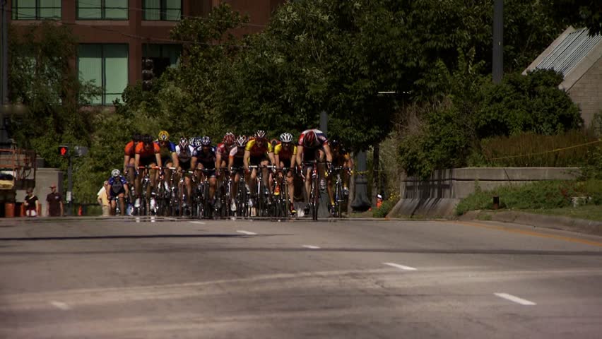 PROVIDENCE, RHODE ISLAND - SEPTEMBER 3, 2009: Pack of men bicycle racers coming towards the camera