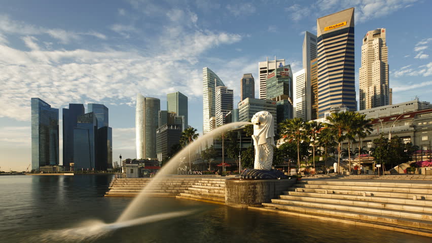 SINGAPORE - CIRCA MAY 2011: The Merlion Statue with the City Skyline in the background during the daytime