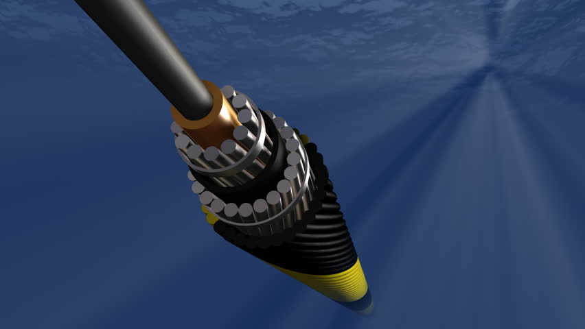 Zoom in from space to a cutaway illustration of the construction of an underwater fiber optic data cable. This kind of cable carries almost all of the world's internet traffic.