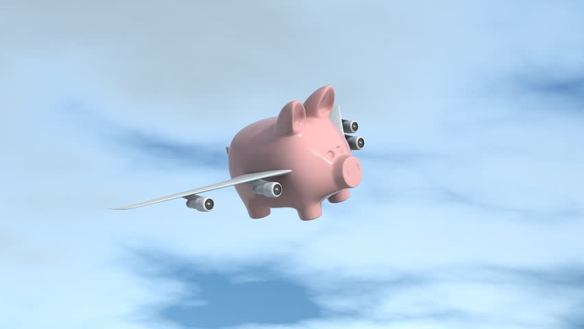 A pig flies past the camera like a passenger jet.