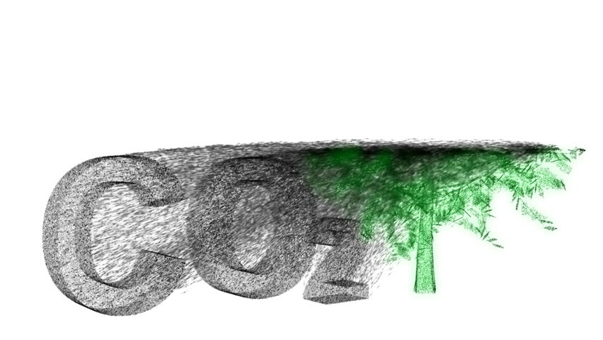 Carbon dioxide symbol is broken down and re-formed as a tree.