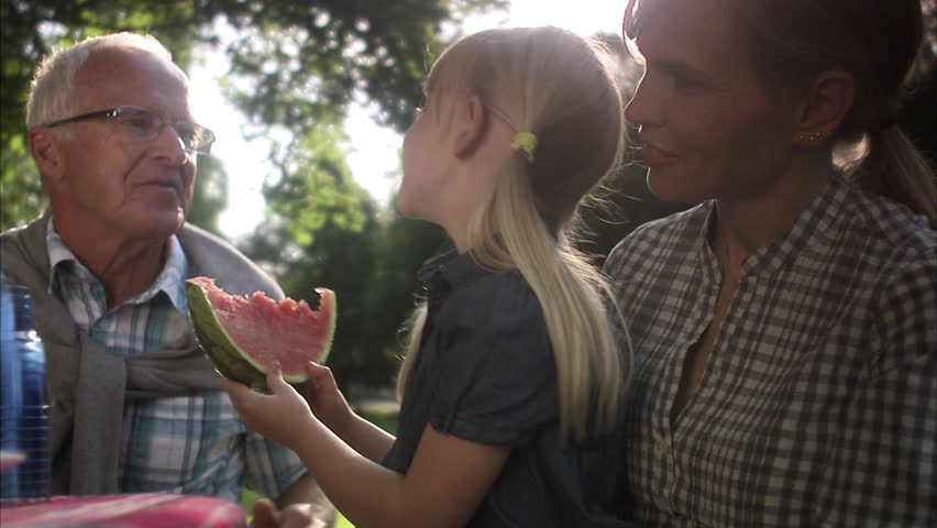 Senior man, woman and girl having a picnic