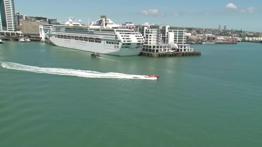 Auckland, New Zealand, December 2011. Scenic helicopter flight over the City of Auckland with its port and Harbour.