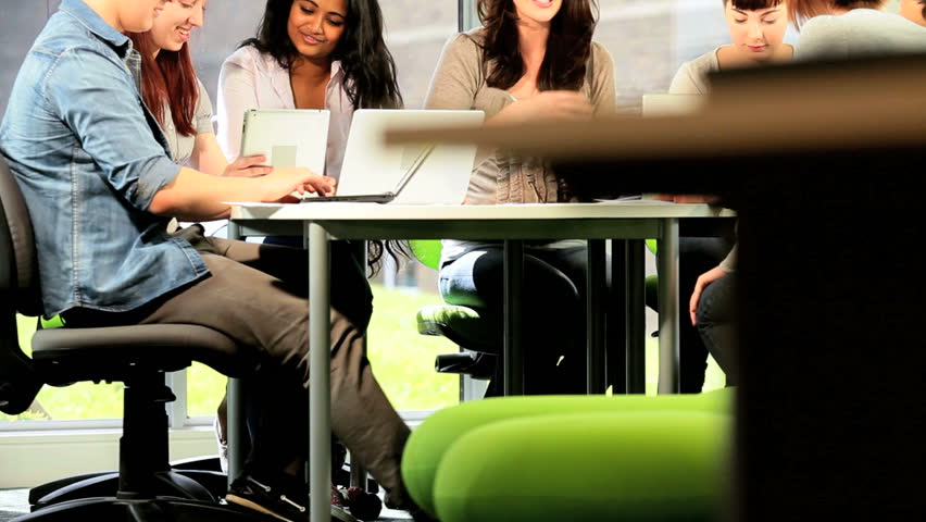 Multi ethnic female and male classmates friendly IT education with young Caucasian tutor in university lecture