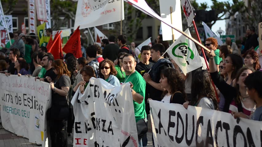 LEON, SPAIN - CIRCA JUNE 2012: Teachers and students in Spain stage a mass strike in protest of government budget cuts that put 100,000 substitute teachers out of work.
