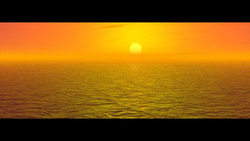30 second clip, no audio, flying over the ocean at a fast pace.  The clouds going by fast, just before sunset .  Filmed for widescreen, cinemascope.