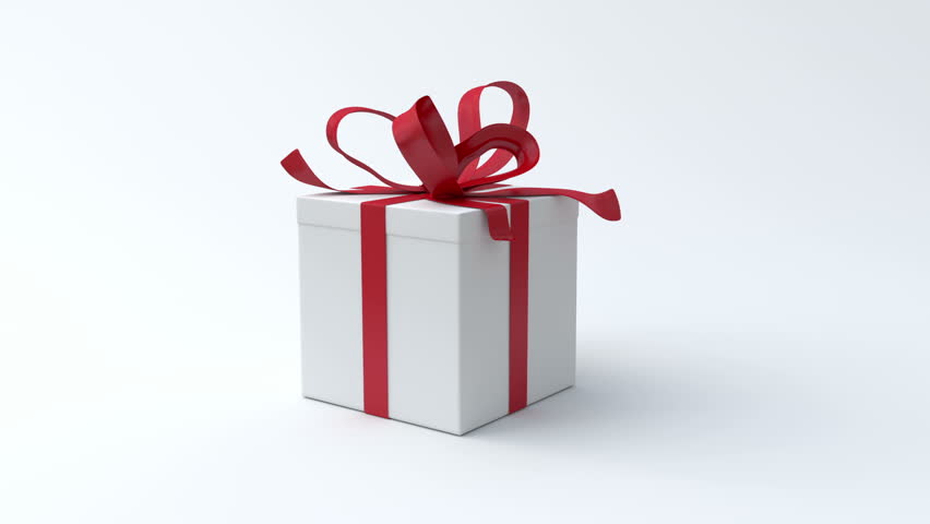 White gift box with red ribbon opening. Include alpha channel and color channel to key individual elements and tracking
