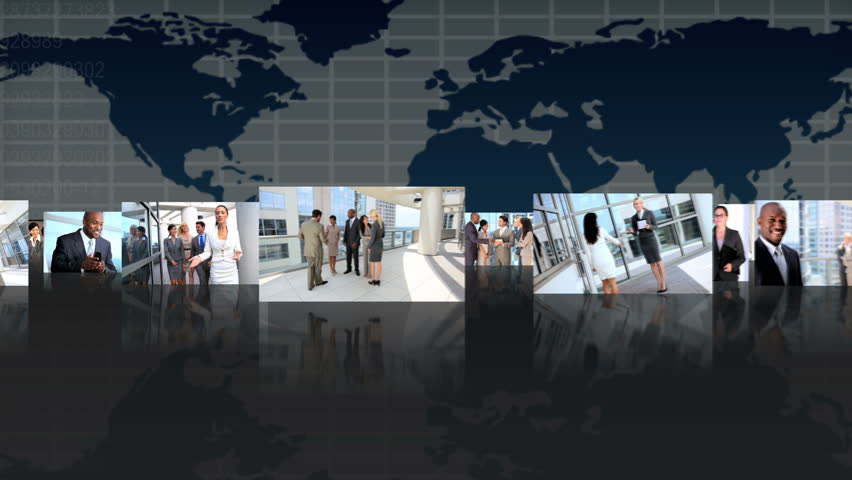 Montage 3D fly through view featuring successful multi ethnic groups of business people from around the world