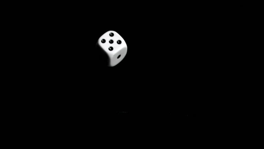 One white dices in super slow motion rebonding against a black background