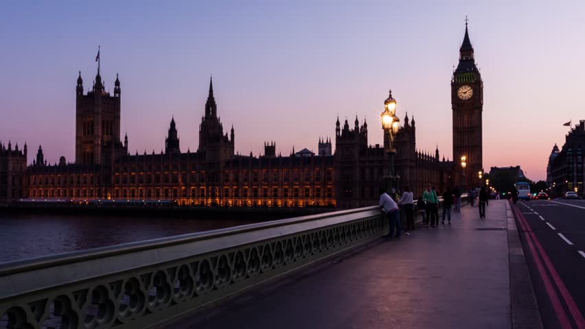 LONDON - CIRCA 2012: Hyper Lapse - Time lapse of pedestrians walking on Westminster Bridge with Big Ben in the background