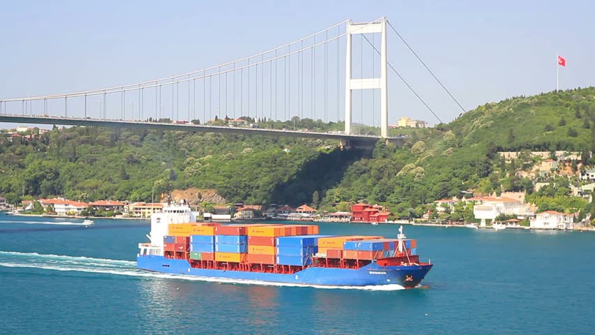 ISTANBUL - JUL 5: Container Ship MONSUN (IMO: 9388417, Antigua Barbuda) on July 5, 2012 in Istanbul. A 127 mt long, 20 mt width vessel, launched into the sea in 2007 and has a deadweight of 8,733 tons