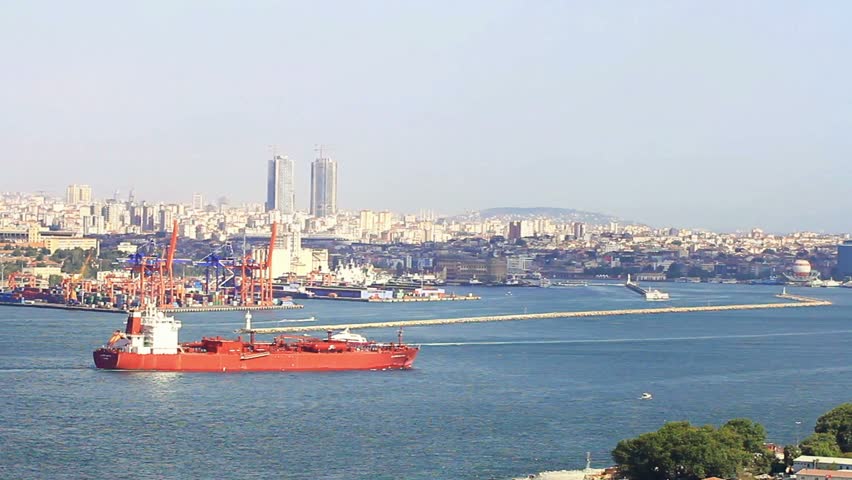 Bulk carrier ship sailing in front of Haydarpasa Seaport, Istanbul. Dry Cargo Ship sailing into Marmara Sea
