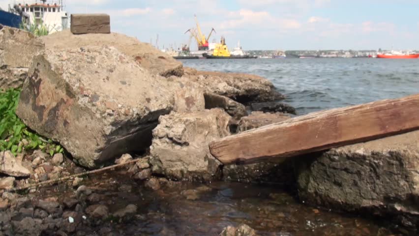 Boulders breakwater in the devastated port in Ukraine