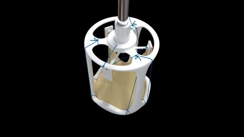 Close up view of prosthetic aortic valve detailing the introducer and attachment points of where the valve will be sutured during heart during surgery