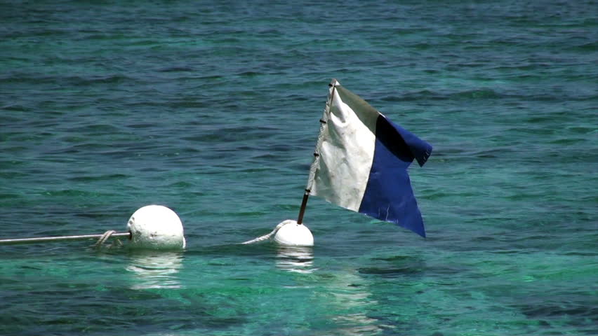 A blue and white nautical 'alpha' flag flies on the great barrier reef to signal divers below.