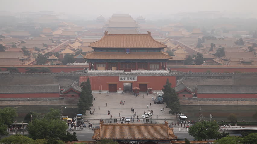 Aerial View, Gate to Forbidden City, Center Beijing, China, Air Pollution, Smog, time lapse