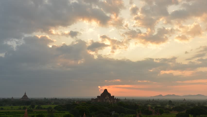 Sunrise panorama view over temples of Bagan in Myanmar