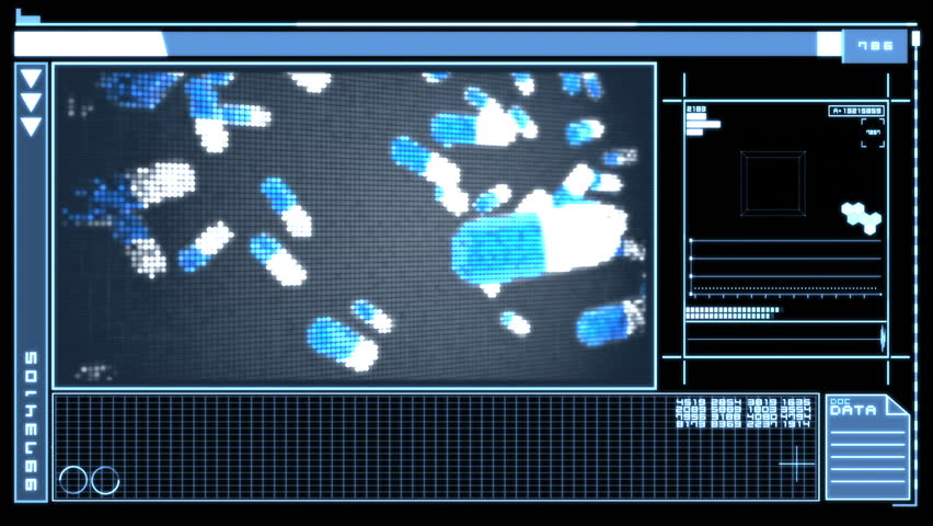 Medical digital interface featuring falling blue and white pills on blue and black