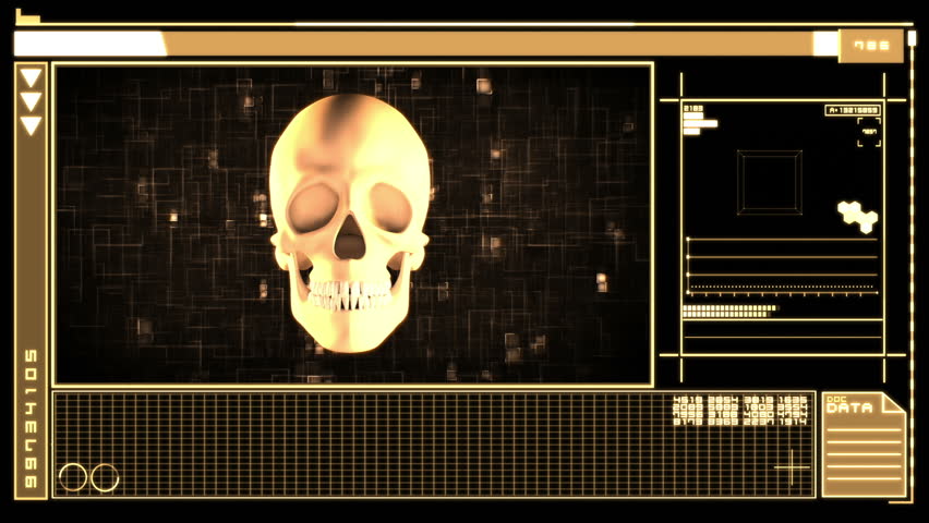 Medical digital interface showing revolving skull in orange and black