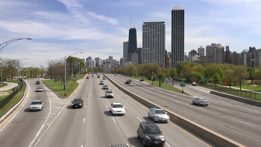 Chicagoâs Lake Shore Drive from a high angle on a sunny day.