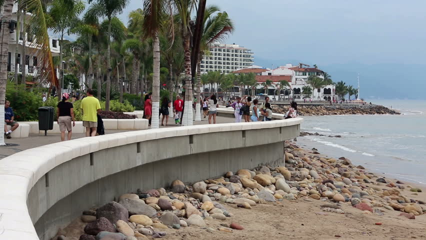 PUERTO VALLARTA, MEXICO - NOV 4: Boardwalk and Malecon beach and tourist area on shore of Banderas Bay on edge of Pacific Ocean on November 4, 2012 in Puerto Vallarta, Mexico.