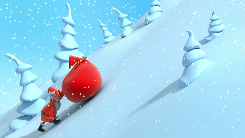 Santa Claus drags bag with gifts. 3d animation