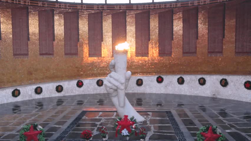 VOLGOGRAD - NOV 8: The memorial complex at Mamaev burial on November 8, 2012 in Volgograd, Russia. The Eternal Flame in the Hall of Glory, in memory of about 200000 soviet soldiers that died here between September 1942 and January 1943