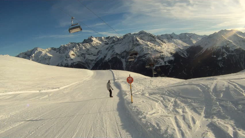 GoPro Winter sports,Snowboarding downhill with sunny conditions