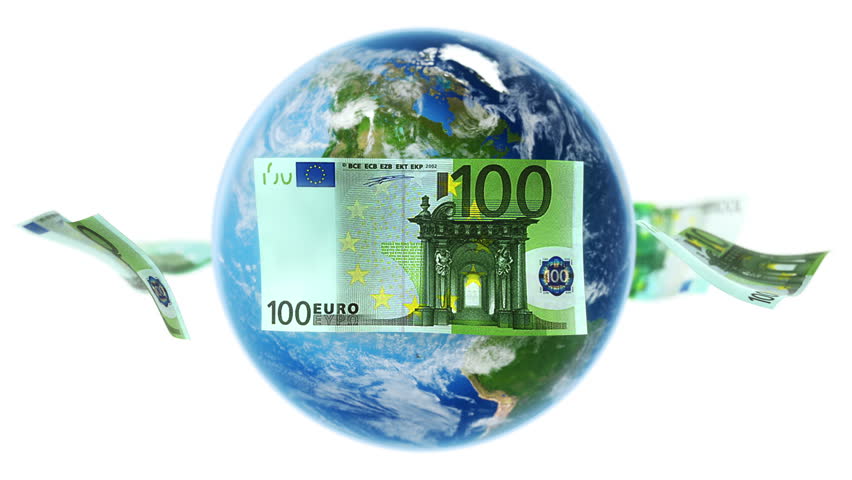 EUR Banknotes Around Earth on White (Loop). 100 Euro bills flying around rotating Earth. Seamless loop.