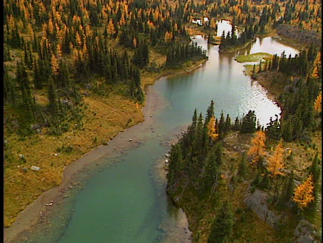 Low level flight over high alpine meadows in autumn