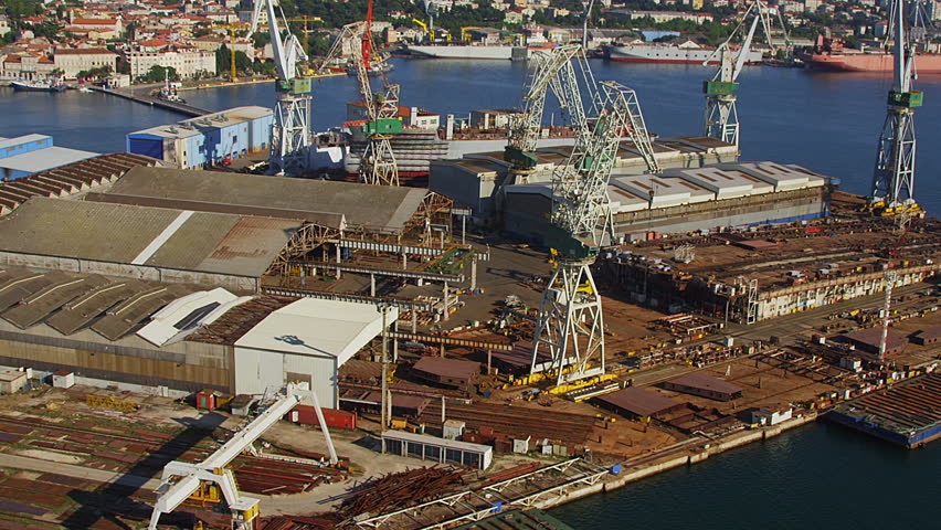 Aerial shot of Pula panorama with old shipyard in the front, Istra region, Croatia.